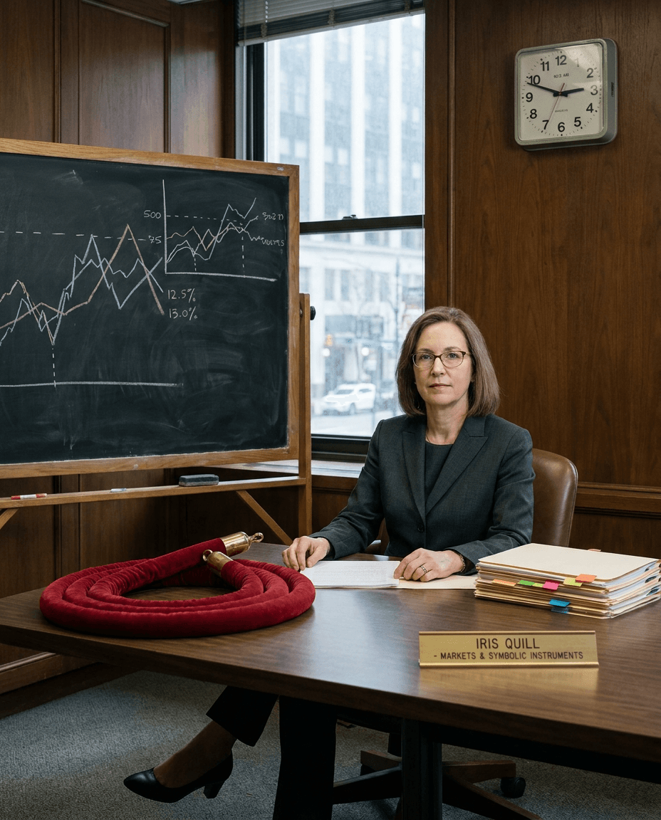 Professional portrait of Iris Quill beside a restrained market board.