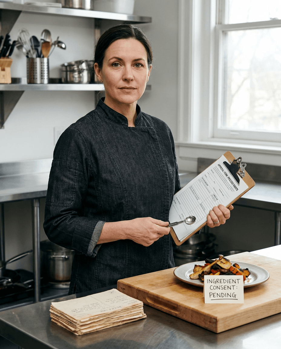 Professional portrait of Lenora Brine in a test kitchen.