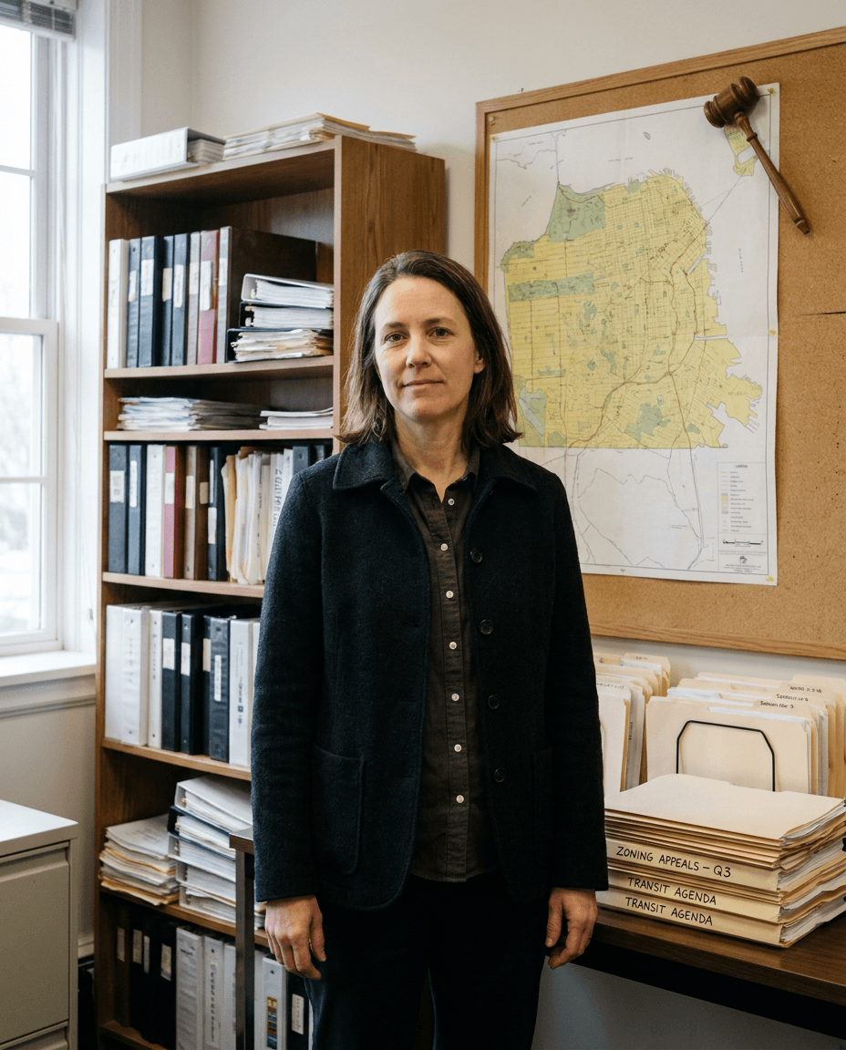 Professional portrait of Mara Vellum in a municipal records room.