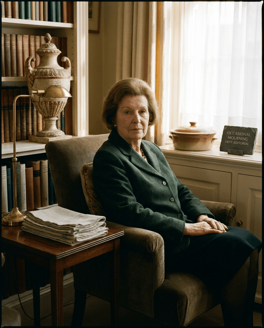 Professional portrait of Mavis Tallow in a styled living room.
