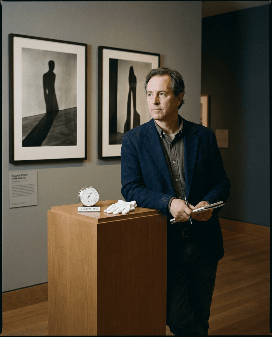 Professional portrait of Theo Plinth in a quiet gallery.