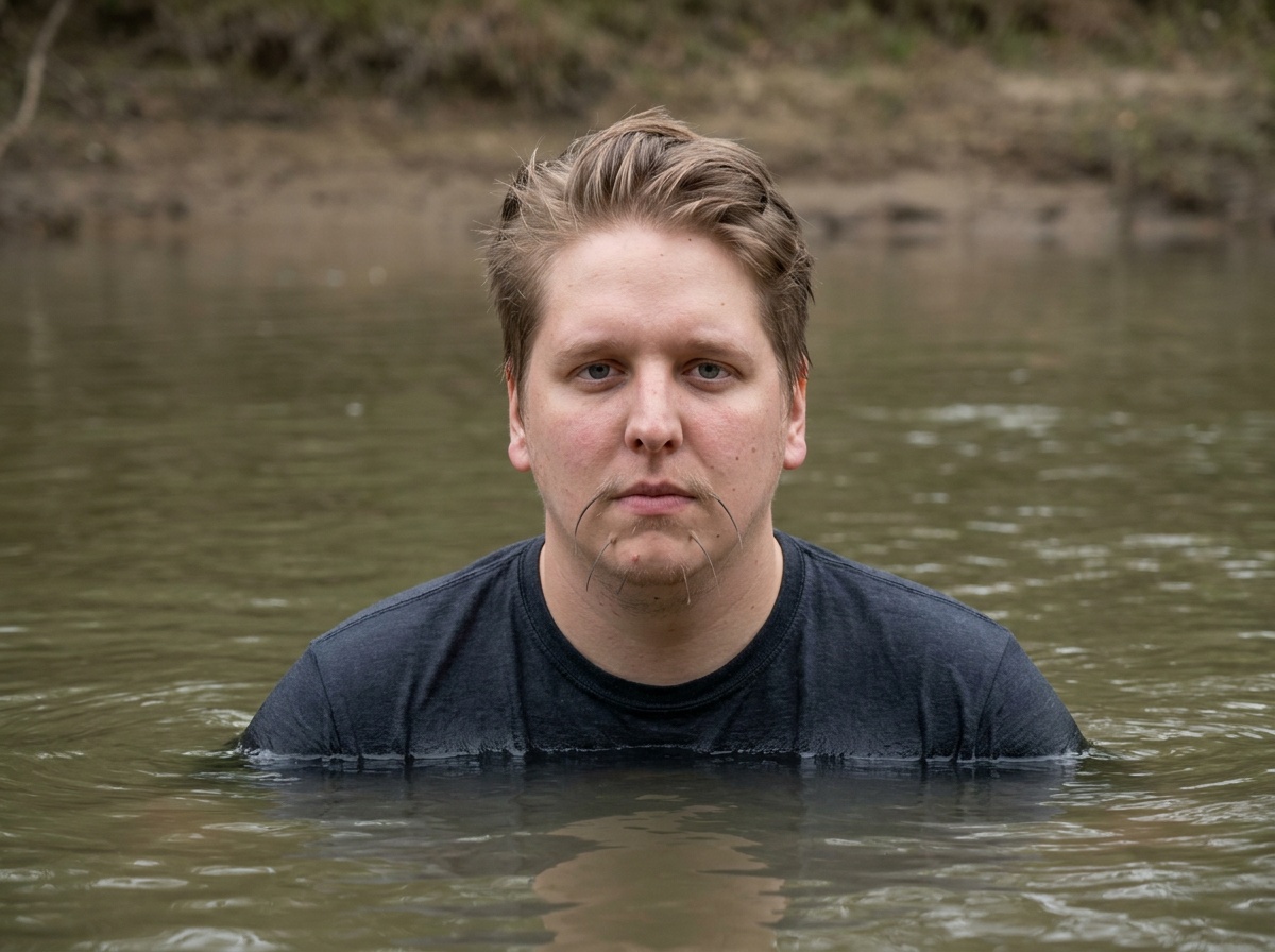 Craig stands in shallow water while faint whisker-like filaments appear near his mouth.
