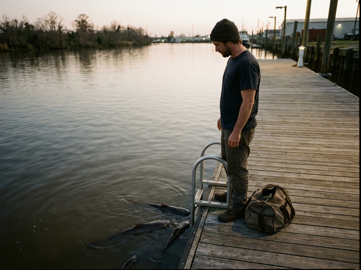 Craig waits at a quiet New Orleans dock with his bag nearby before entering the water for the last time.