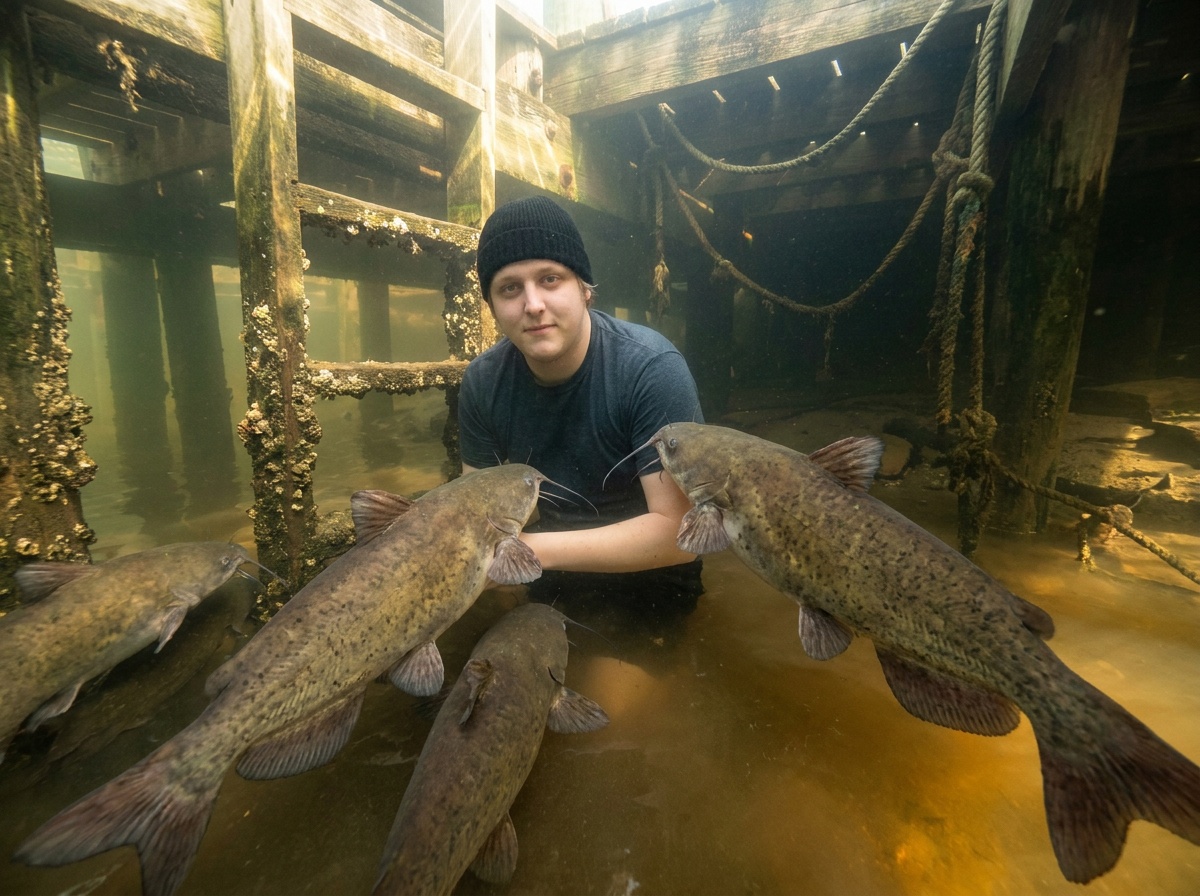 Craig is received underwater by calm catfish relatives beneath a New Orleans dock.