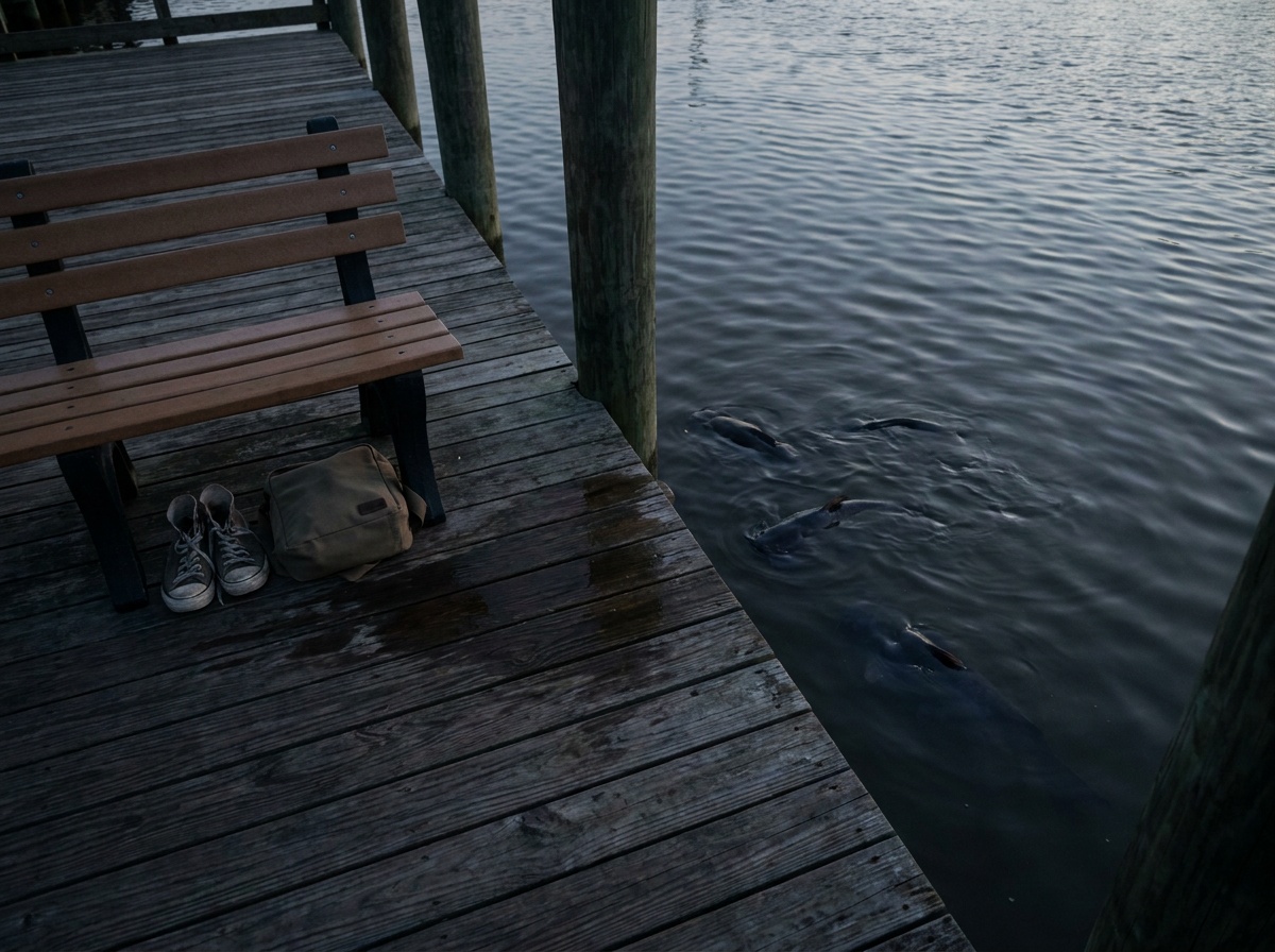 A quiet New Orleans dock after Craig has gone underwater, with shoes left near the bench and ripples below.