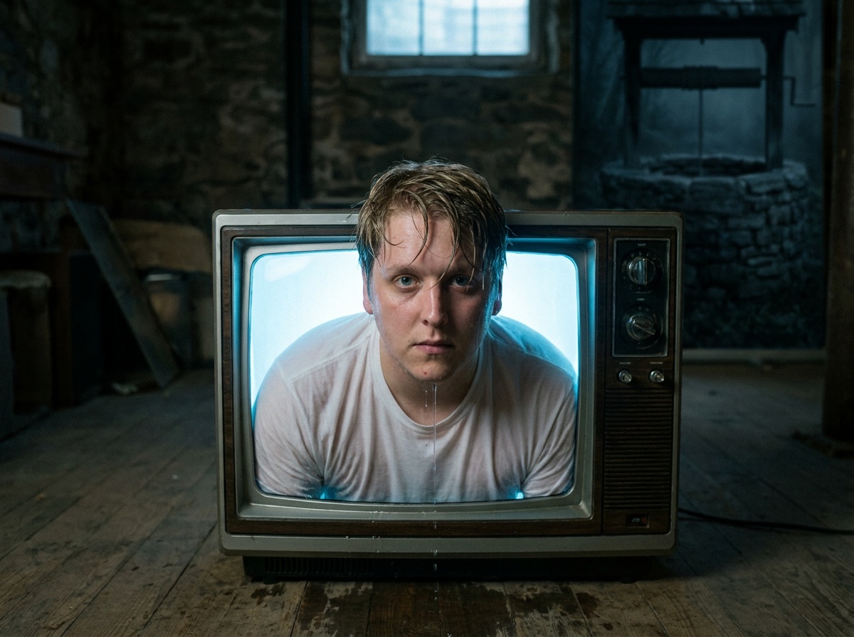 Craig appears in text-free haunted-video horror poster art near a glowing television and a distant well.