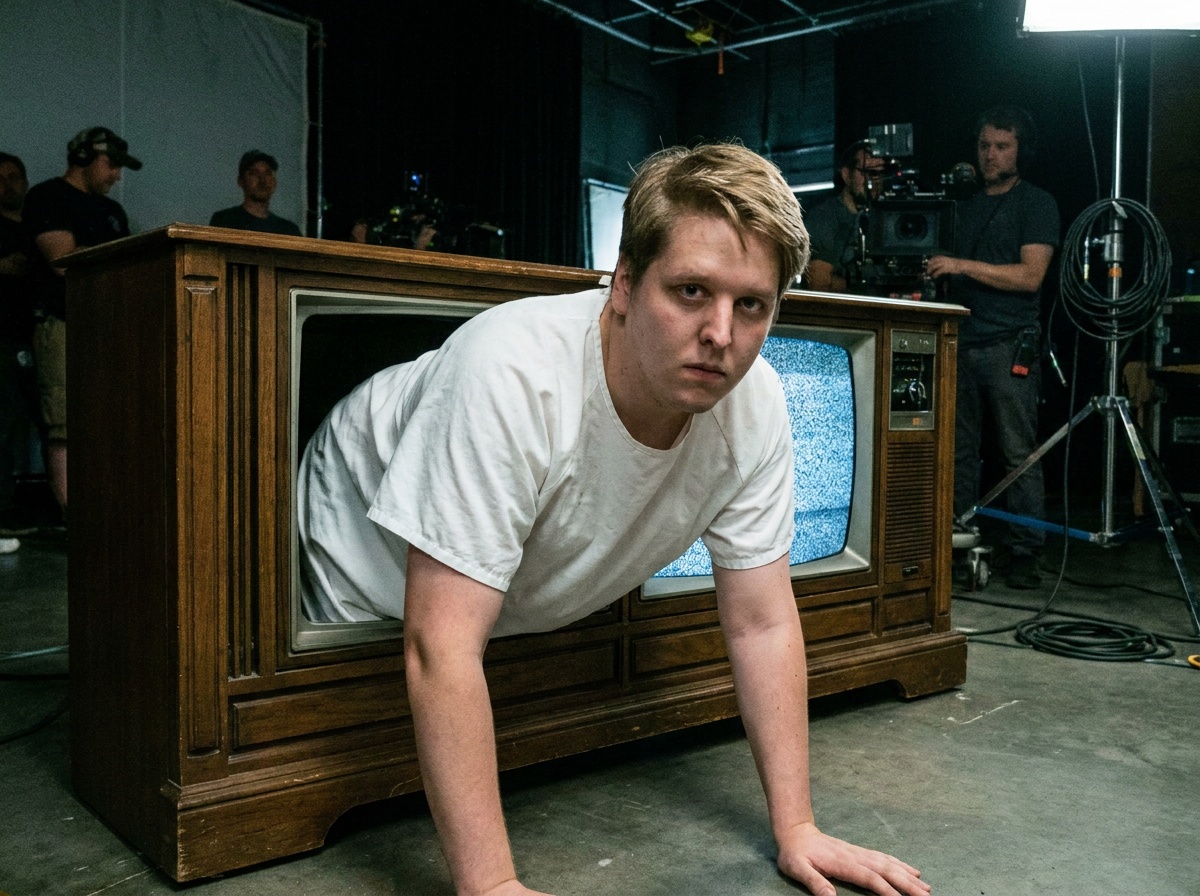 Craig crawls from a practical television cabinet on a dark horror soundstage while crew stand nearby.