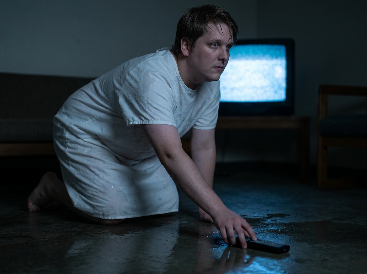 Craig reaches slowly across a wet floor toward a remote placed too far away.