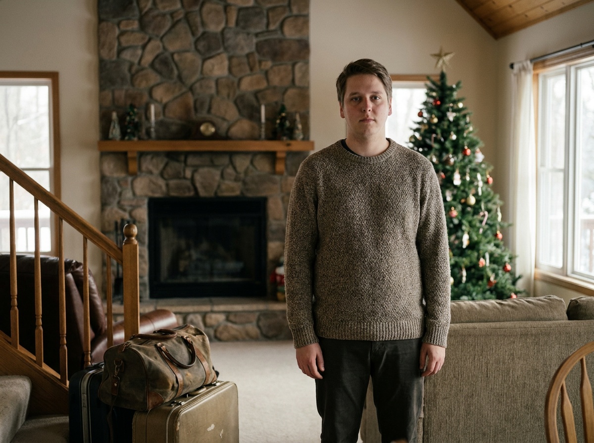 Craig stands alone in a warm holiday house for text-free poster art.