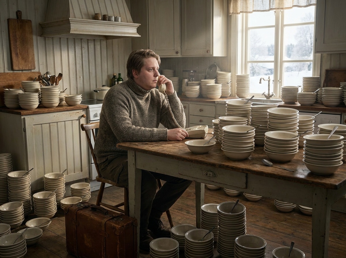 Craig stands in a holiday kitchen after the family count has failed and the house is quiet.