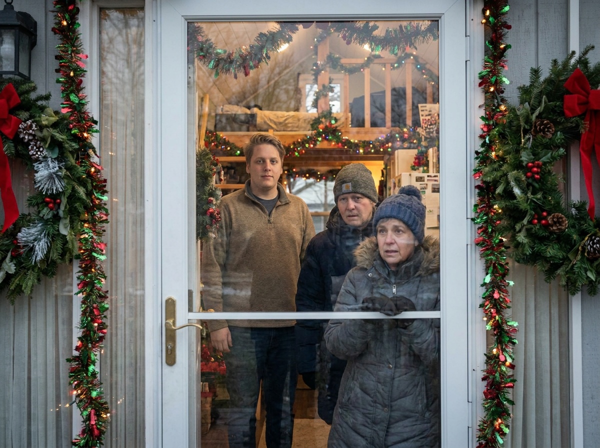 Craig waits inside a holiday front door while two winter-coated visitors stand outside.