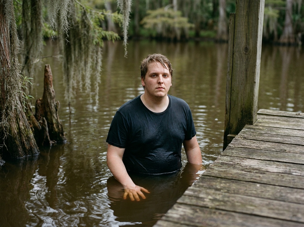 Craig stands chest-deep near a quiet dock while the water remains still.