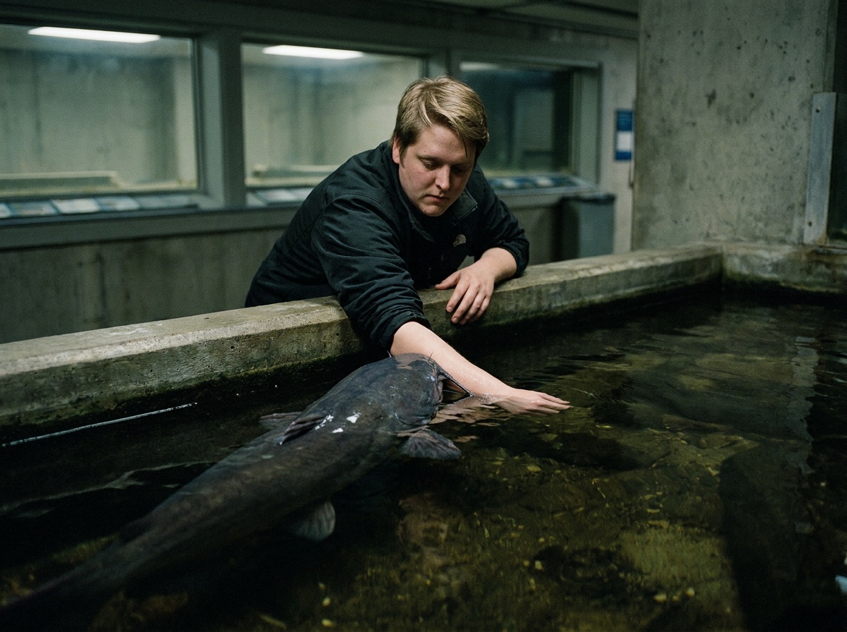 A large catfish relative presses close to Craig's forearm in murky water.