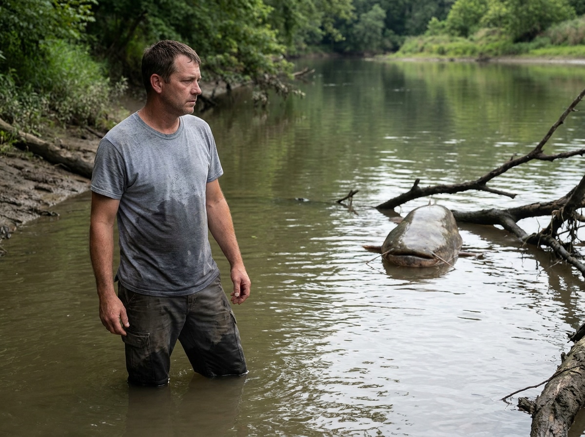 Craig looks toward a darker pocket of water where a large catfish remains farther away.
