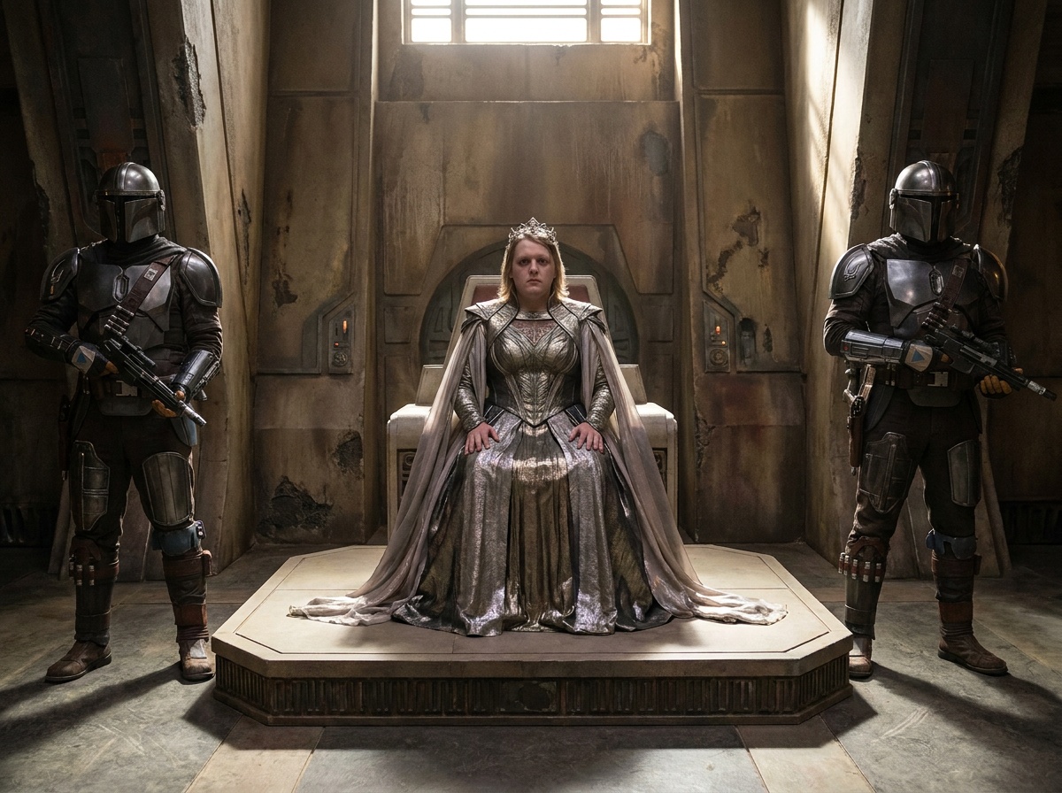 Craig sits as a tiny space princess on a small platform between full-size armored guards.