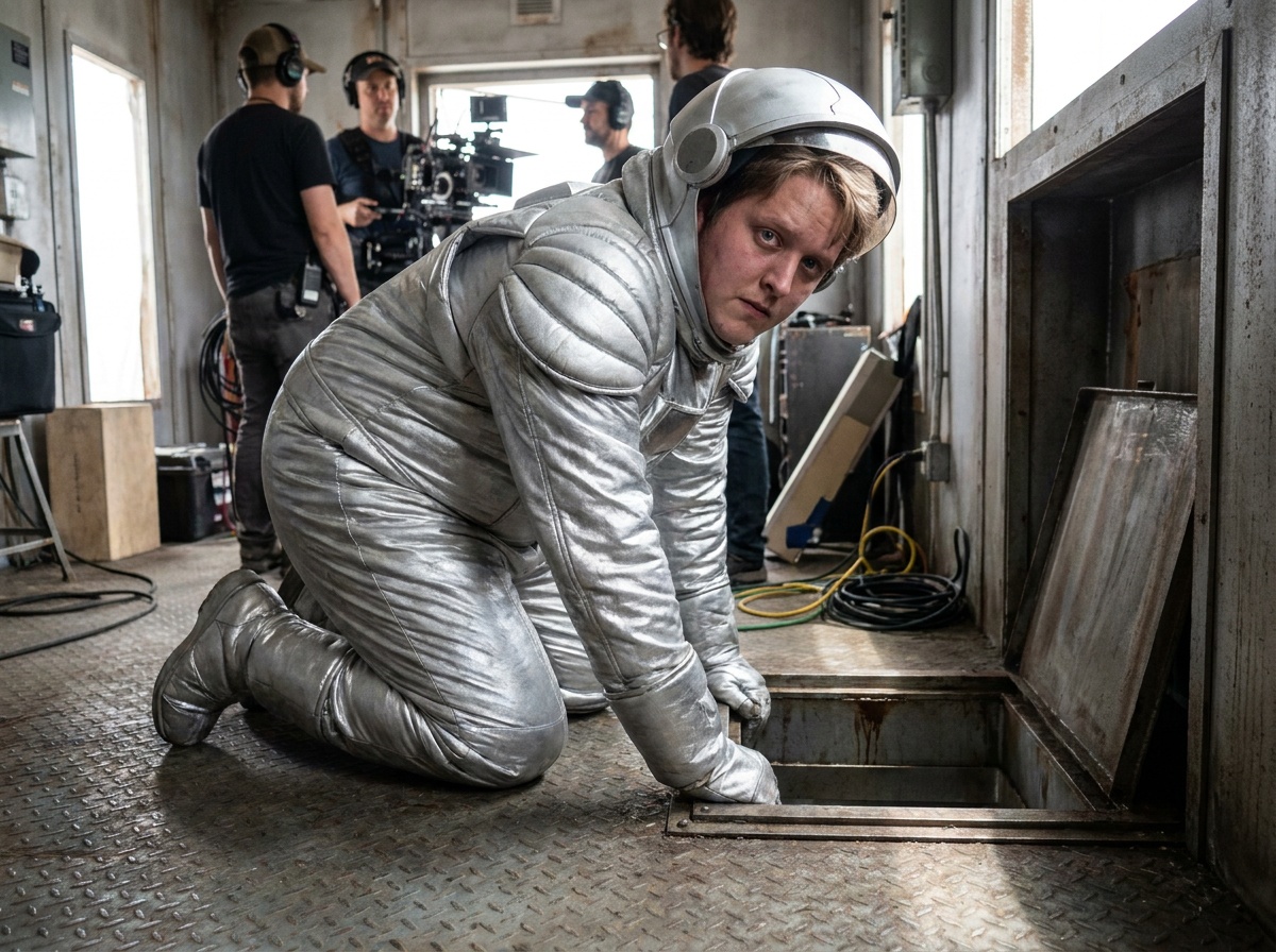 Craig in silver space-princess wardrobe prepares to crawl through a widened ventilation passage on set.
