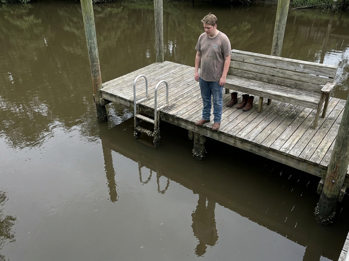 Craig pauses at a low dock ladder before entering the water for an underwater family visit.