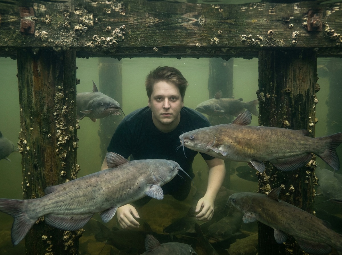 Craig floats under a dock while large catfish relatives wait calmly between old wooden pilings.