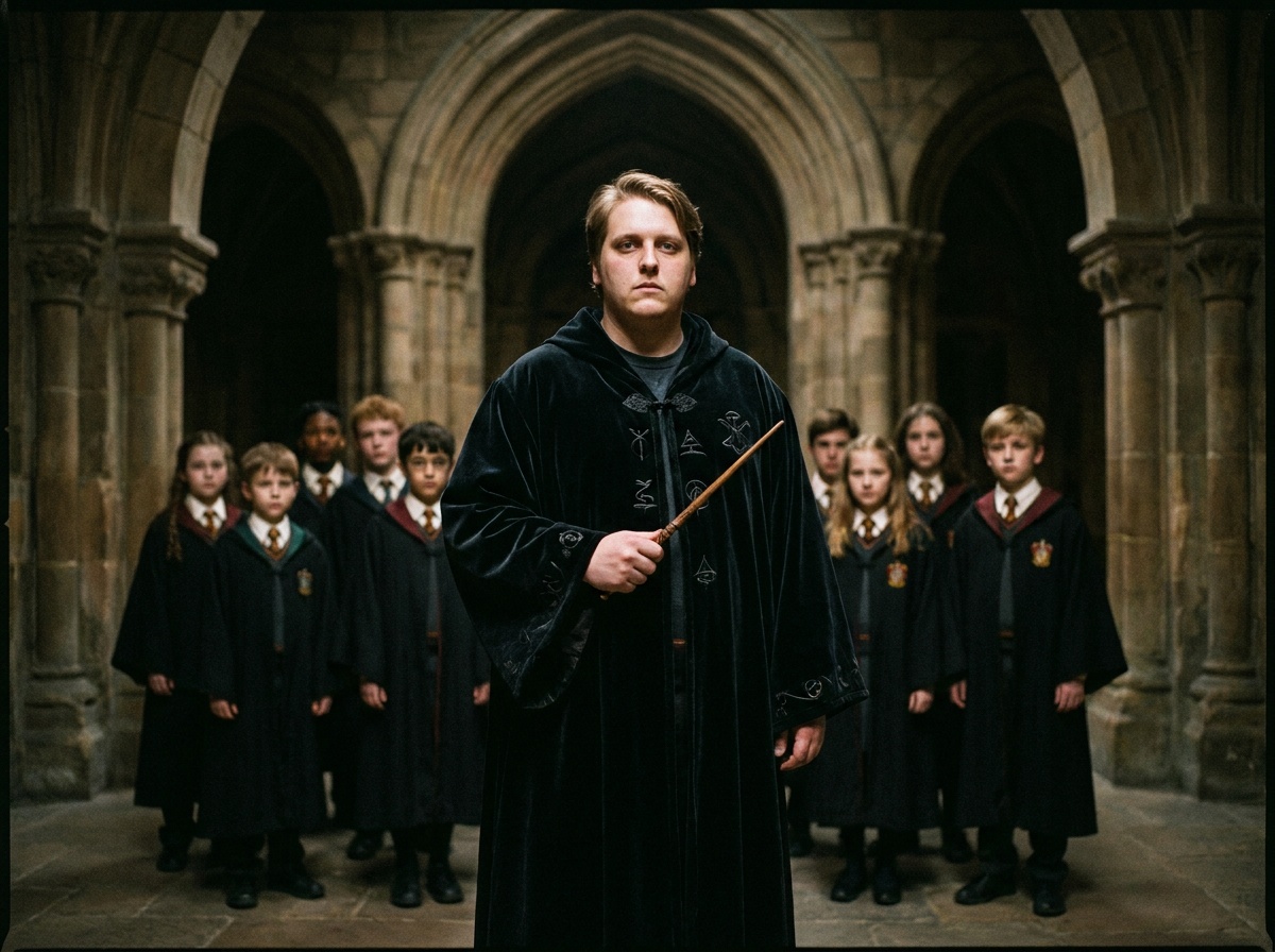 Craig stands in wizard-school robes in a stone corridor for text-free fantasy poster art.