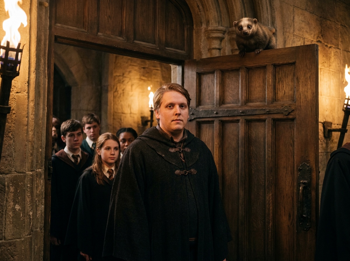 Craig stands in a torchlit school corridor facing a heavy door while younger students wait behind him.