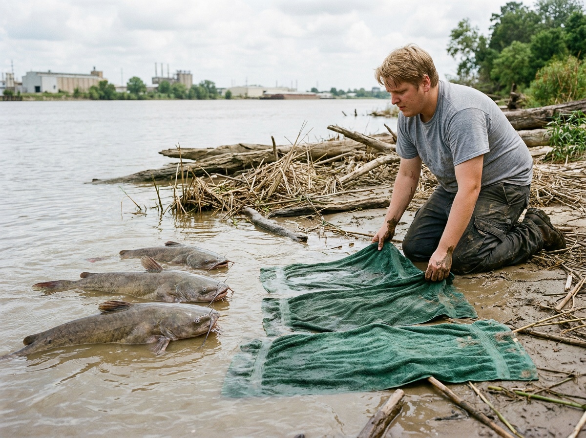 Craig arranges wet towels and a notebook on a muddy riverbank before catfish relatives come ashore.