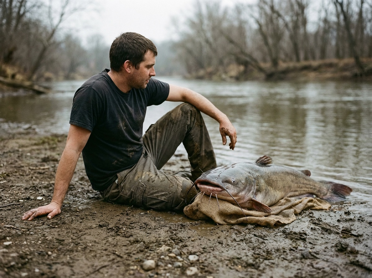 A large catfish rests partly on a towel near Craig's knee while Craig sits low on the bank.