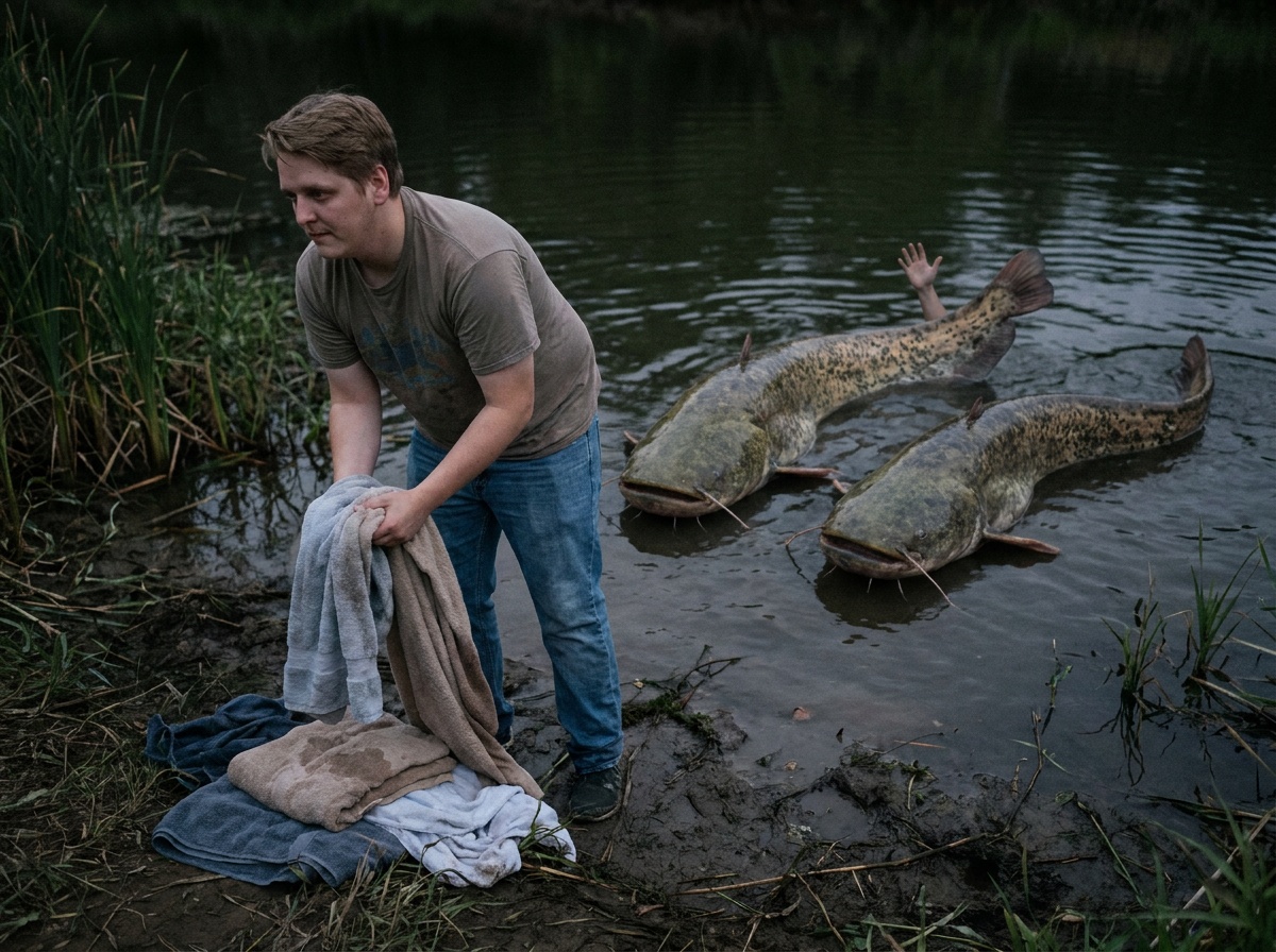 Several catfish slide back into the shallows while Craig gathers towels on the muddy shore.
