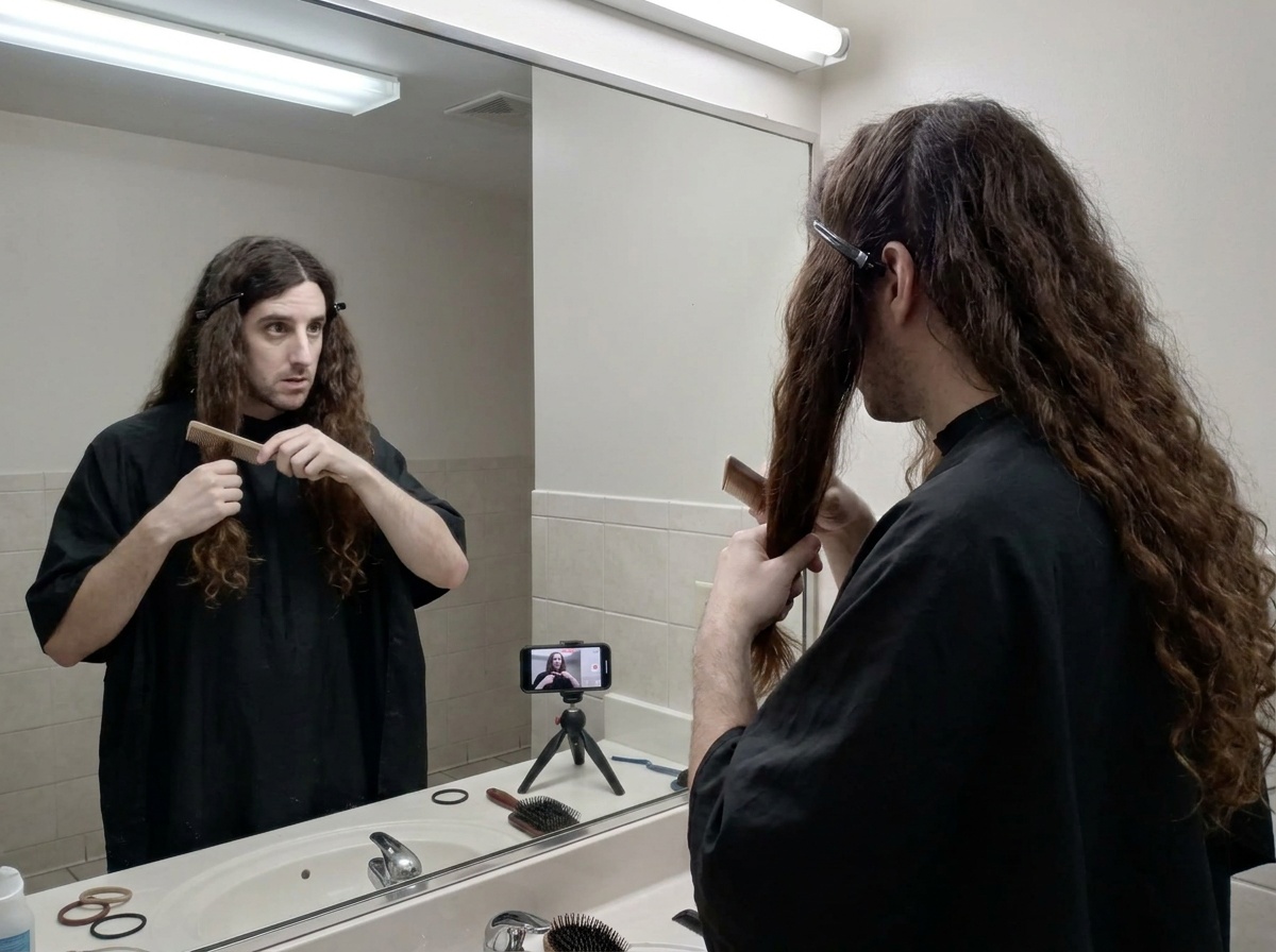 Phil parts long hair in a salon mirror before braiding it.