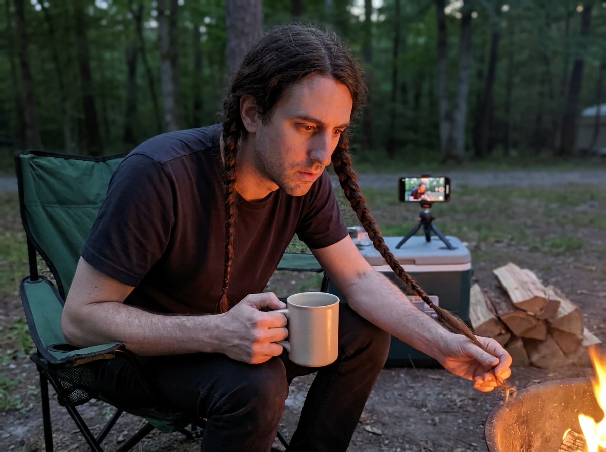 Phil sits in a folding chair with two long braids while testing campfire posture.