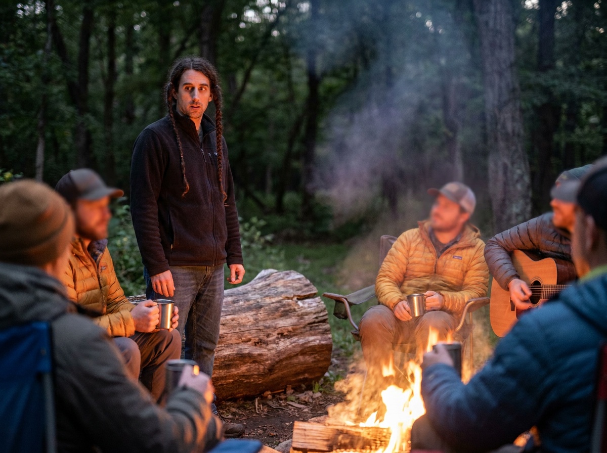 Phil stands near an open log beside a calm campfire circle while wearing two long braids.