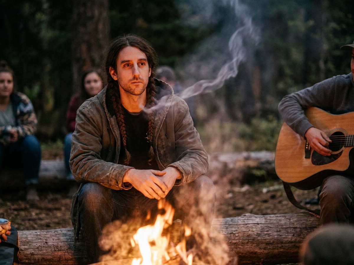 Phil sits beside a campfire with smoke moving across his two braids.
