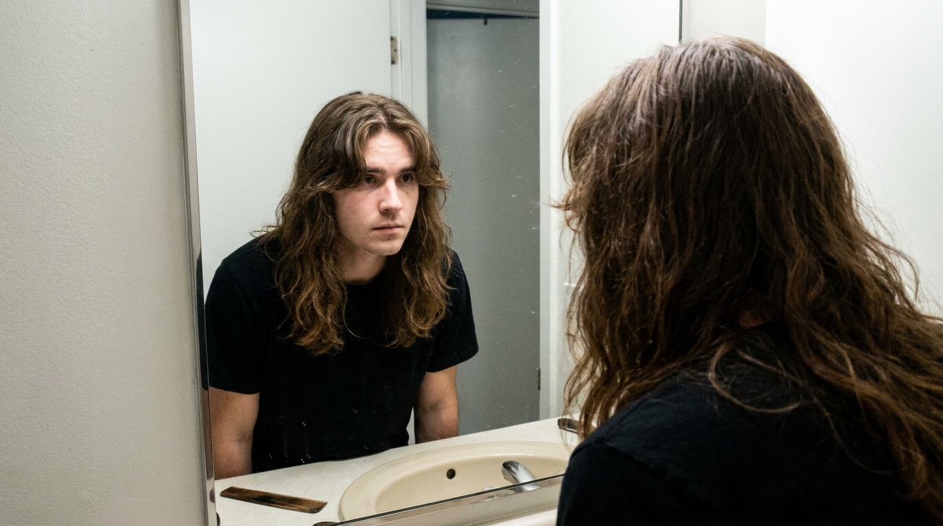 Phil checks curtain bangs in a mirror before the coffee shop test.