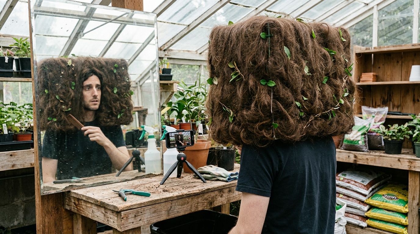 Phil checks a box-shaped hair profile in a mirror before the garden center test.