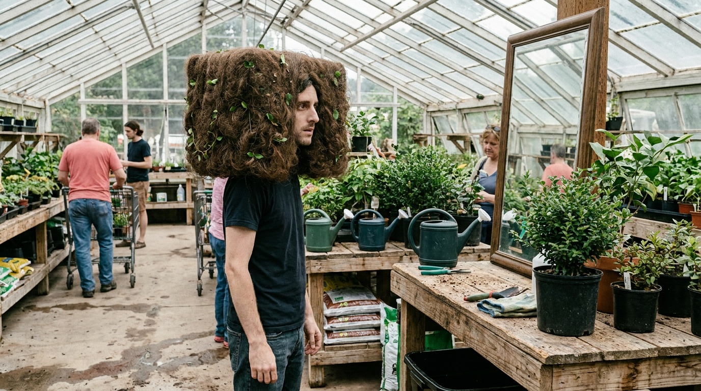 Phil stands in a garden center aisle with hair shaped like a hedge.