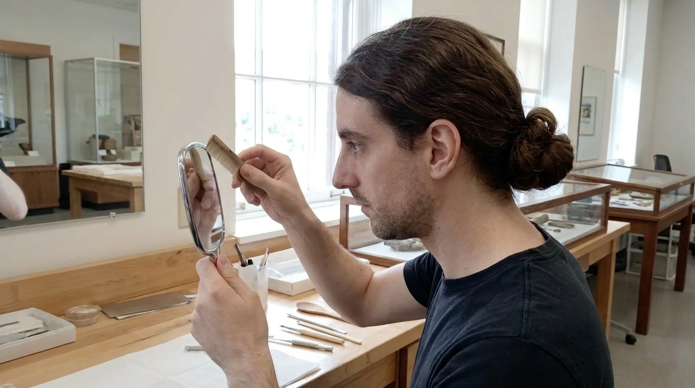 Phil checks the height of a low bun in a mirror.