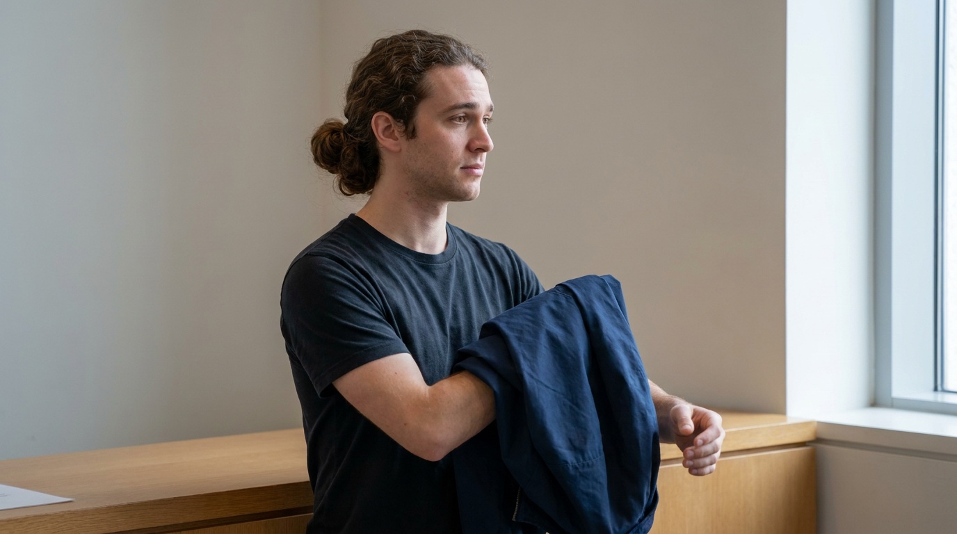 Phil rehearses holding a coat near a museum counter with a low bun.