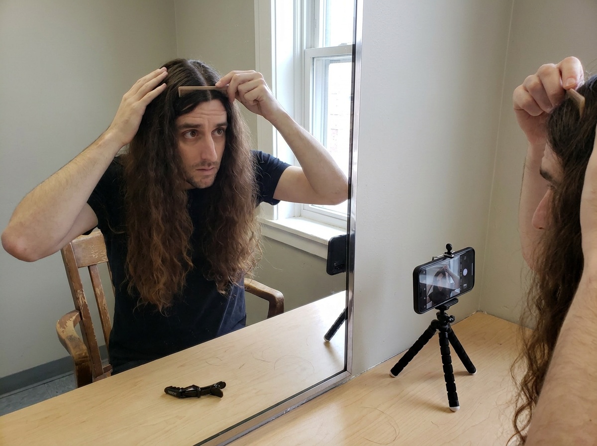 Phil uses a comb in a mirror to make a precise middle part.