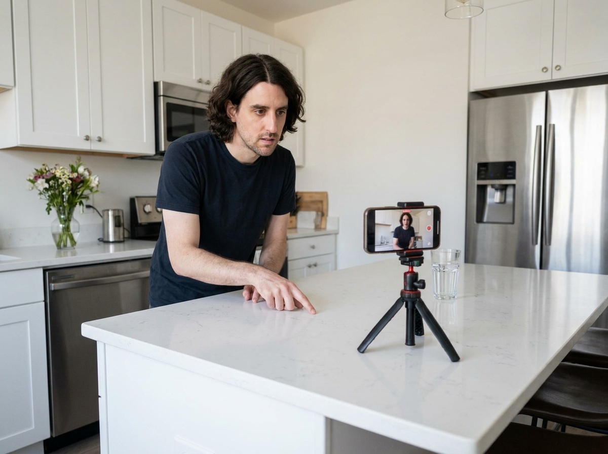 Phil practices standing beside a kitchen island with a precise middle part.