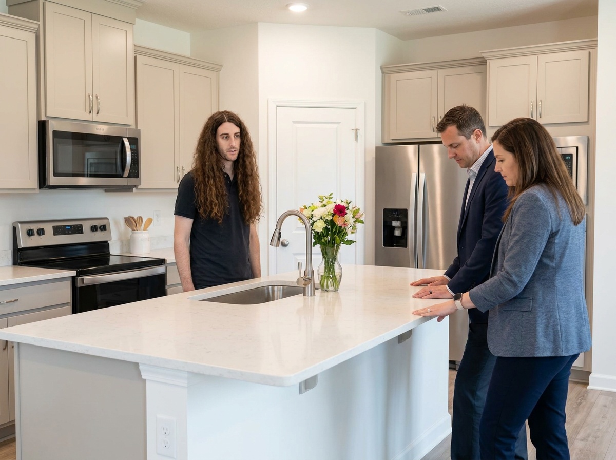 Phil stands with a middle part beside adults calmly examining a kitchen island.