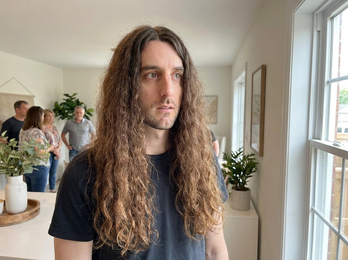 Phil looks toward a bright open house window with his hair parted down the middle.
