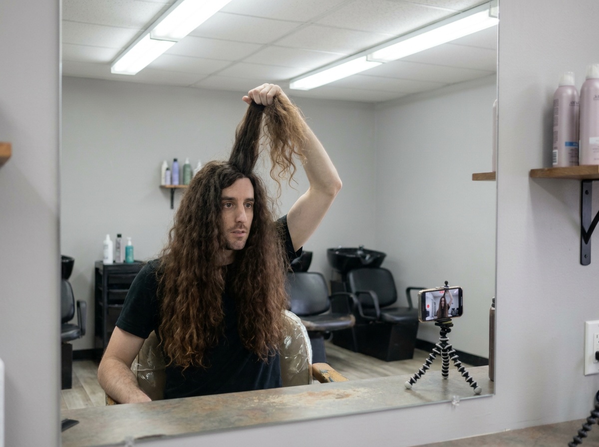 Phil in a salon mirror checking long hair before shaping it upward.