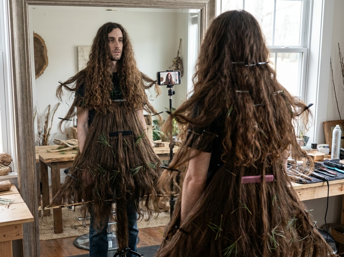 Phil tests a full-body pine-shaped hair silhouette in a mirror.