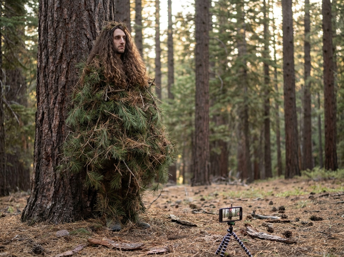 Phil stands very still beside a pine tree while hair-like branches form a tapered tree shape around his body.