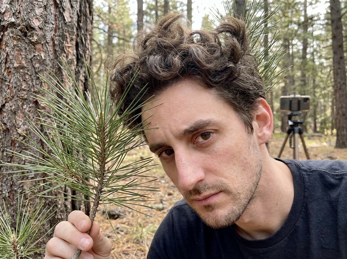 Phil compares his shaped hair to pine needles near a tree trunk.