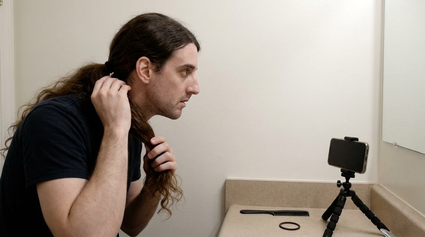 Phil checks the height of a low ponytail in a mirror.