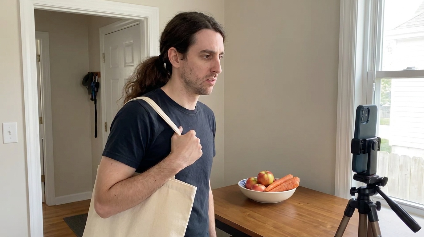 Phil rehearses holding a reusable tote with a low ponytail.