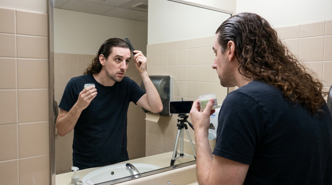 Phil combs long hair back with a small amount of product.