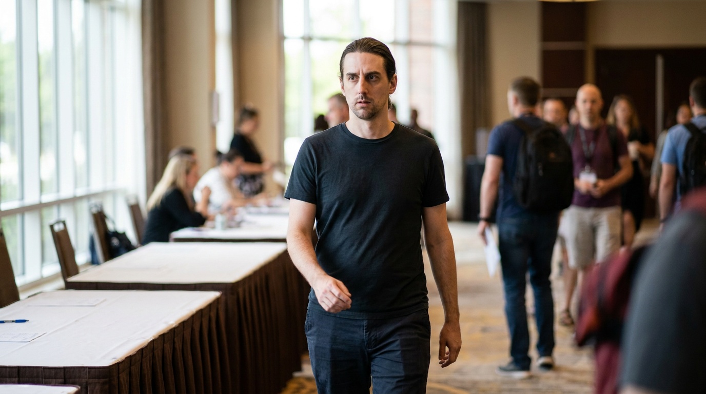 Phil rehearses walking through a lobby with slicked-back hair.