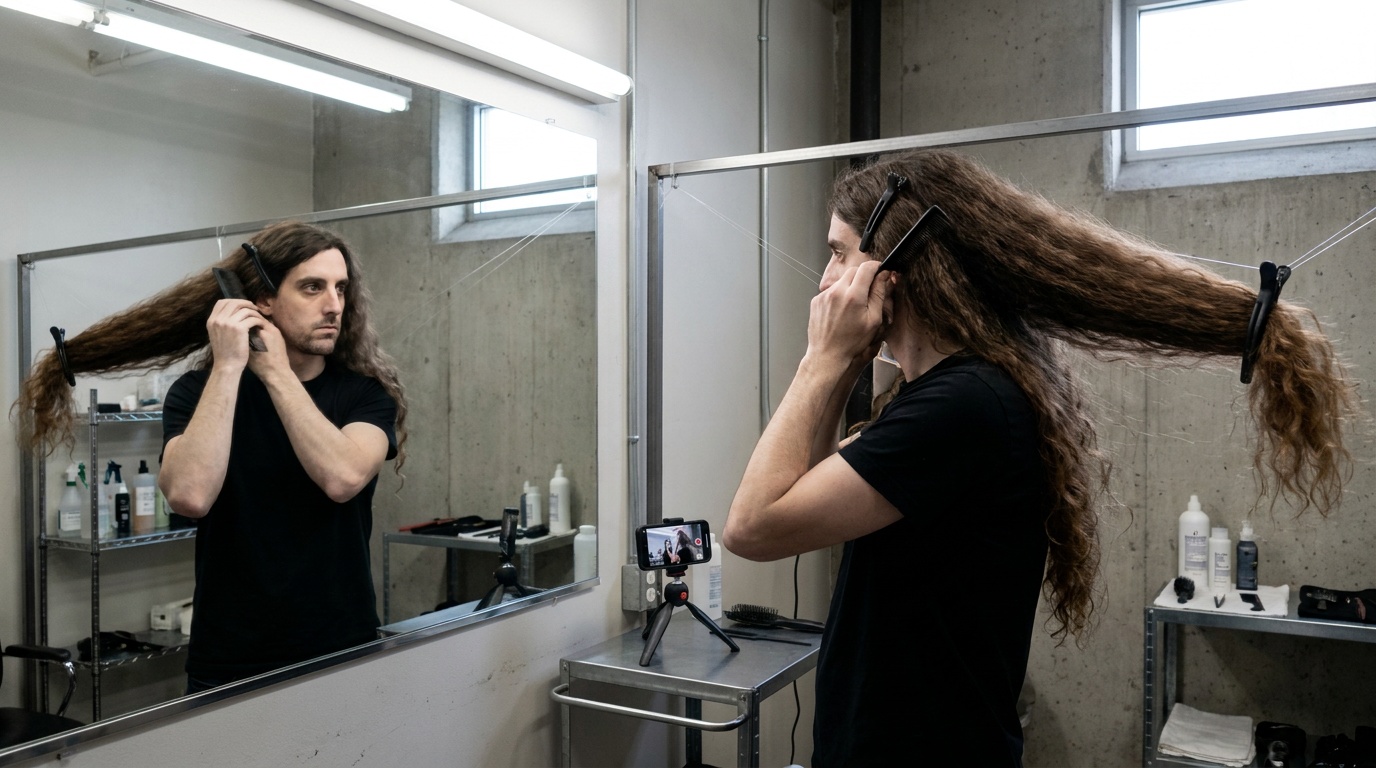 Phil checks long hair panels in a mirror before the wind tunnel test.