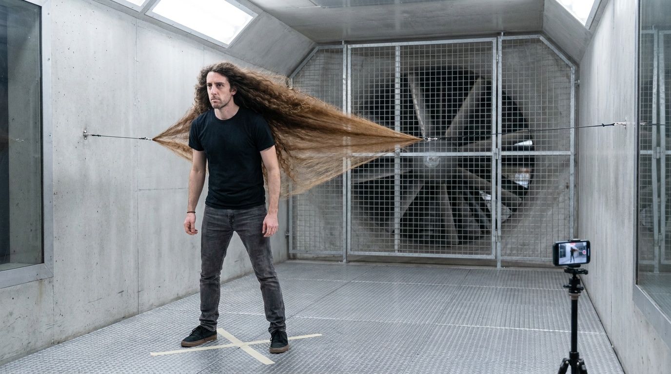 Phil tests a hair sail at low fan speed inside a wind tunnel.